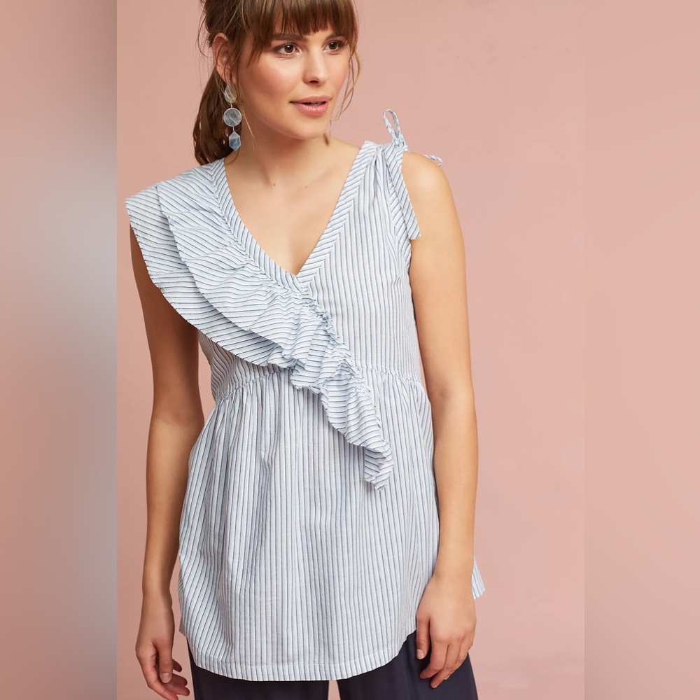 Anthropologie Left of Center Evelyn Sleeveless Asymmetrical Ruffled V-Neck Top
